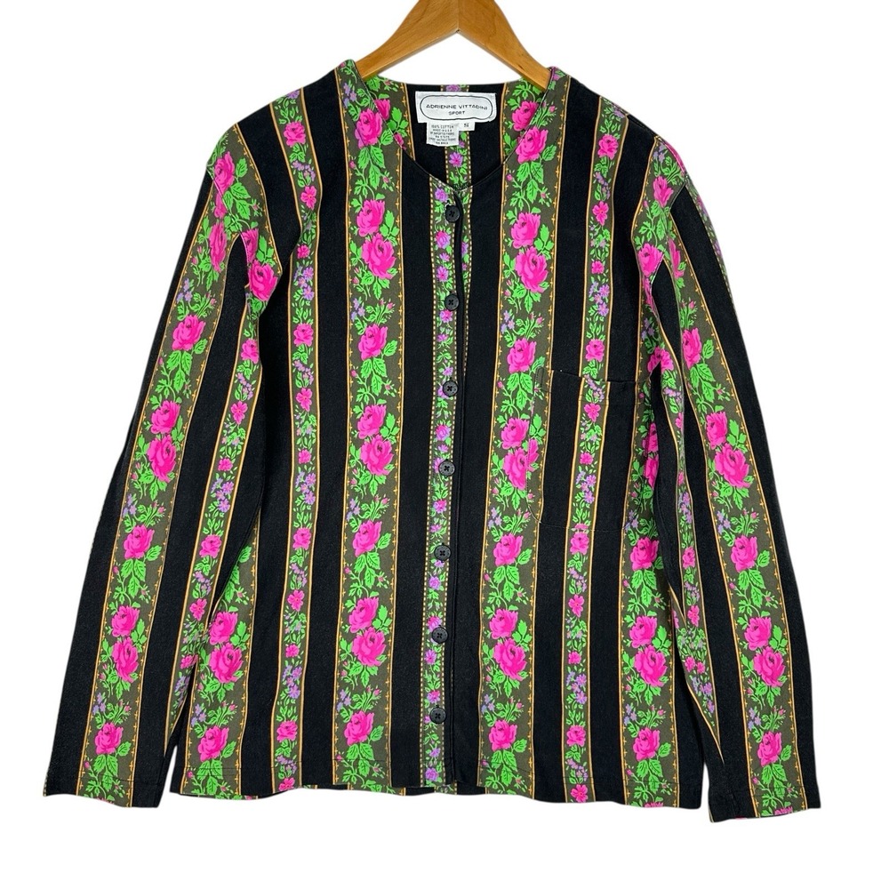 VTG 90s Adrienne Vittadini Sport Floral Stripe Cotton Jacket Button Up Black S
